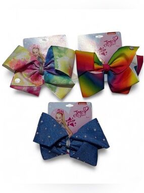 NWT JoJo Siwa Girls CuteHair Bow Rainbow Tie Dye Denim Pearl Nickelodeon 3 LOT